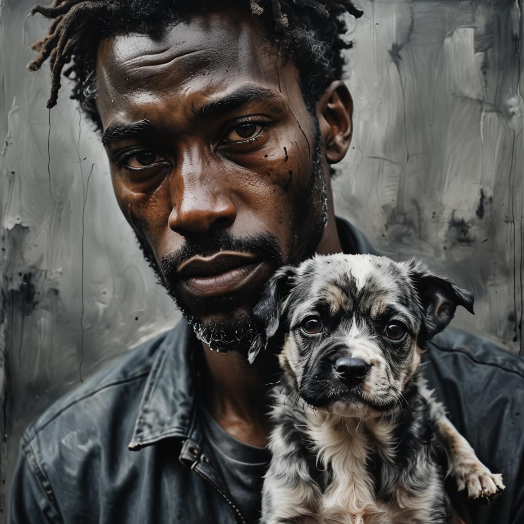 Abstract Grey Oil Painting: Man and Dog Portrait