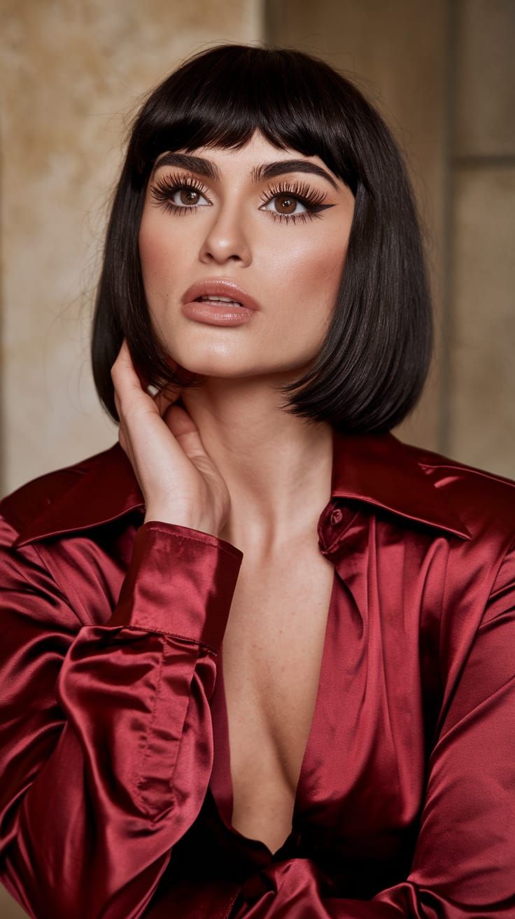 Striking Woman in Red Silk Blouse, Bold Pose