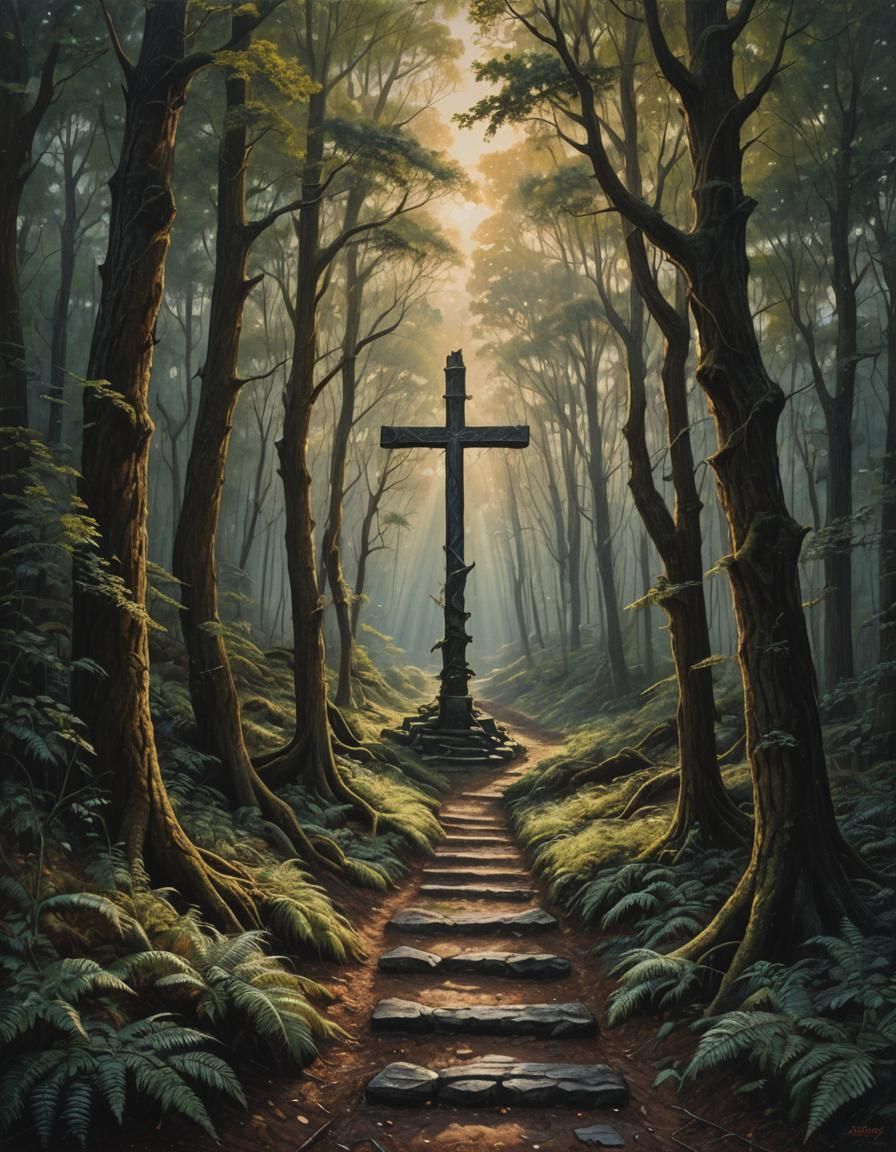 Forest Pathway to Cross in Sunlight, Oil Painting