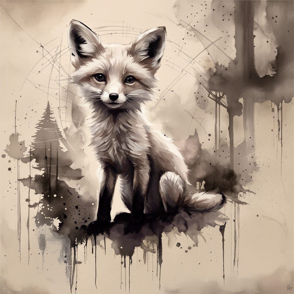 Ink Painting of a Cute Fox Cub