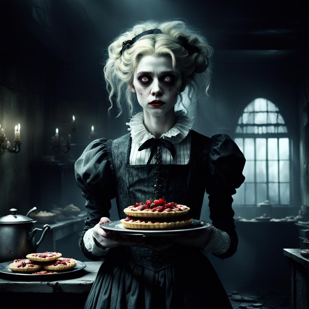 Evil Vampire with Meat Pie in Dark Surrealism Style