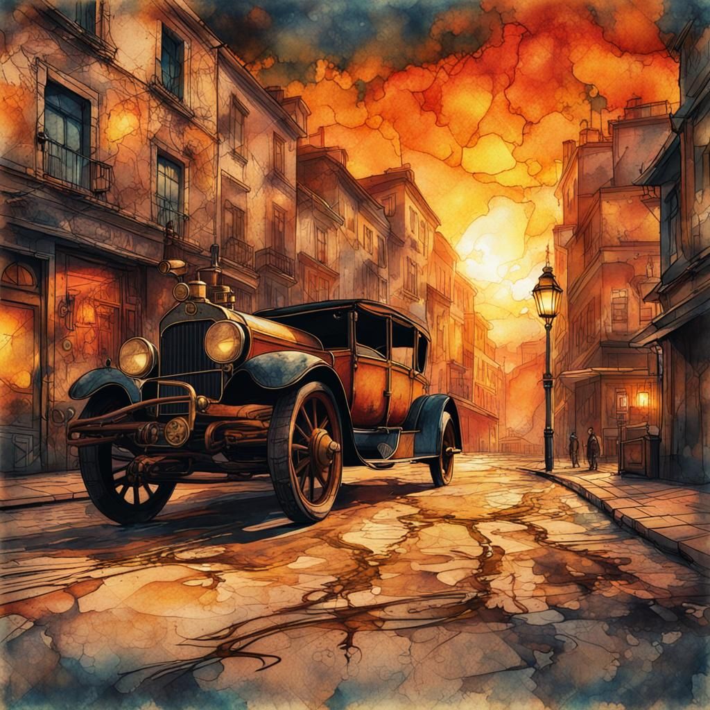 Steampunk Ink Painting of London Street at Sunset