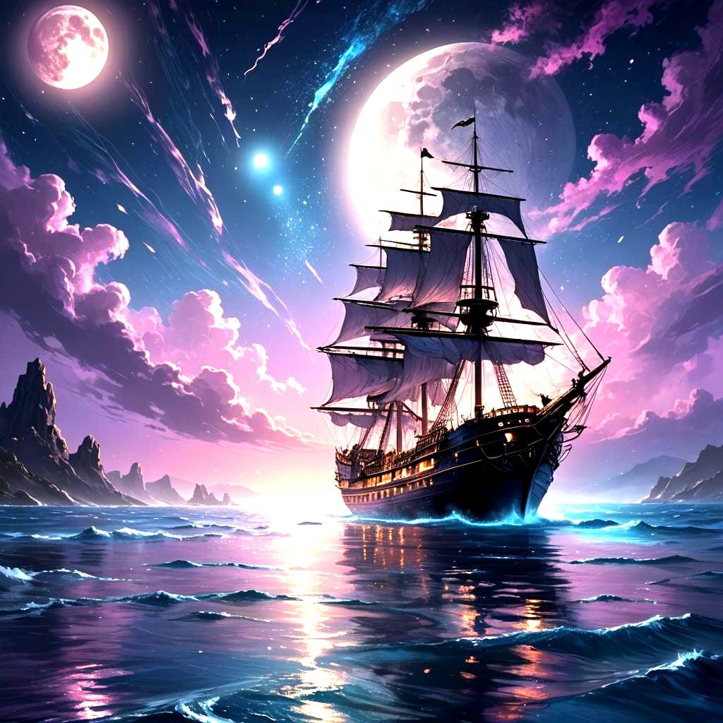 Moonlit Ship on Sea with Visual Effects