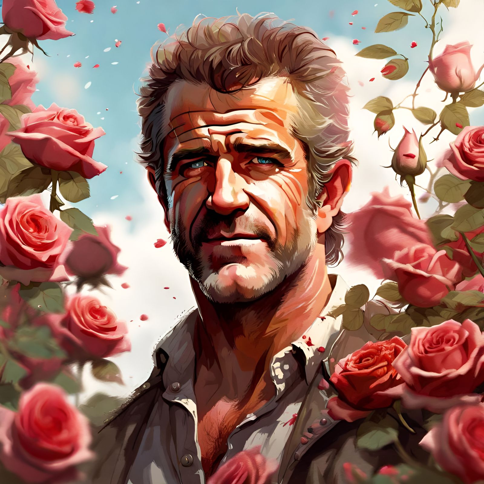 Mel Gibson Surrounded by Roses: Digital Portrait