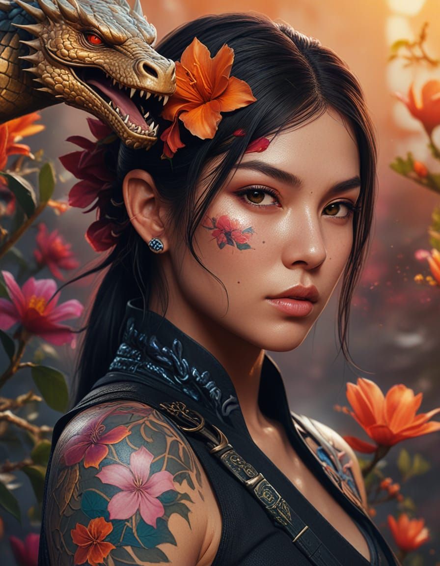 Fierce Ninja with Dragon Tattoo: Digital Fantasy Art