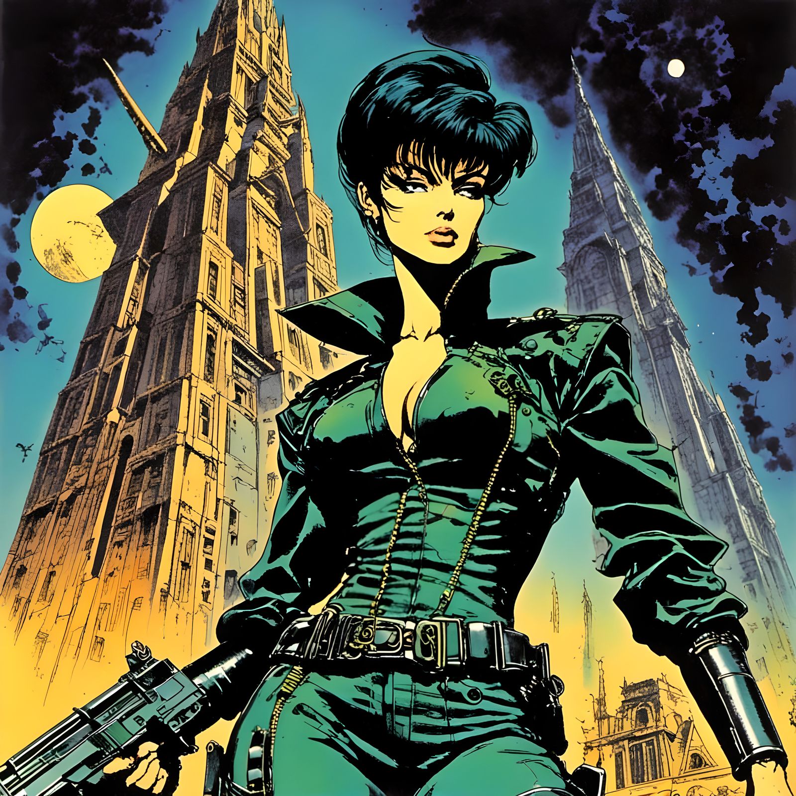 Cyberpunk Modesty Blaise with Gun in Sci-Fi Style