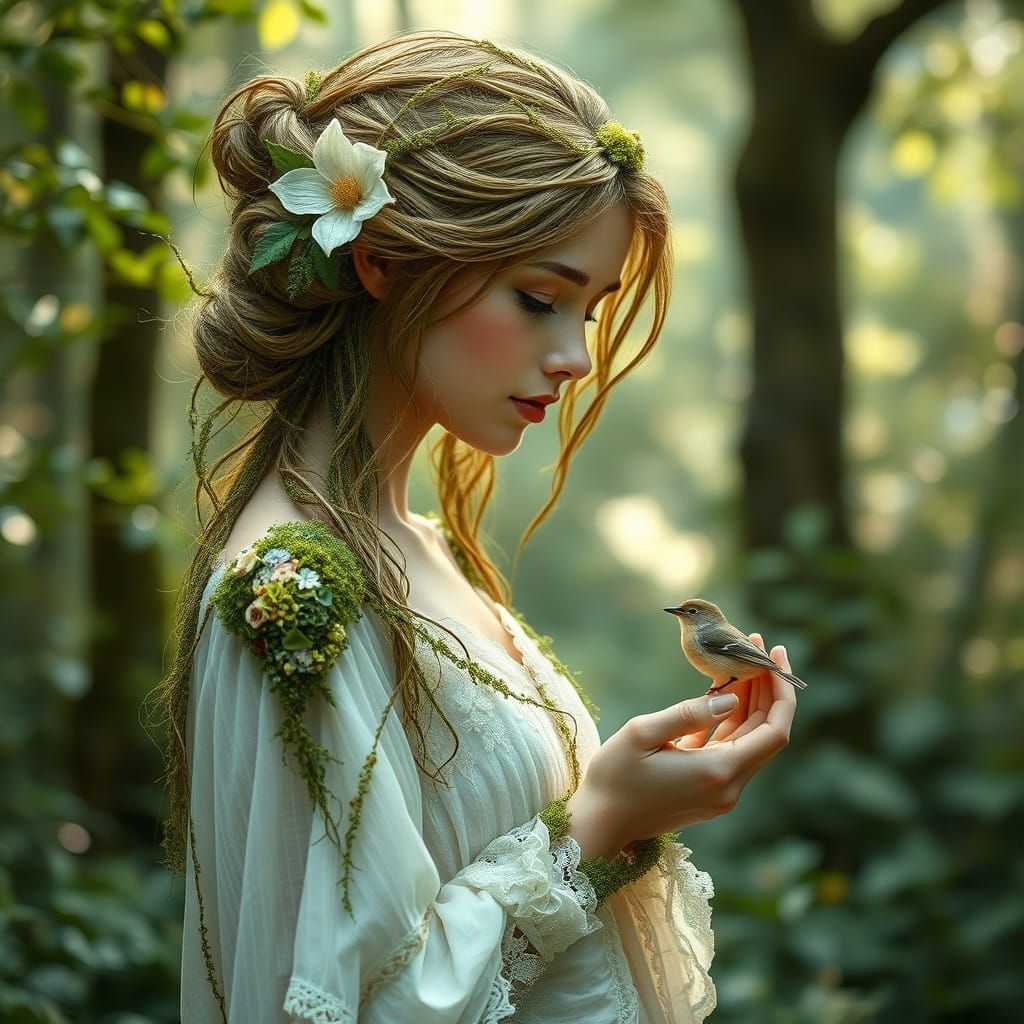 Ethereal Woodland Sprite with Bird in Hand