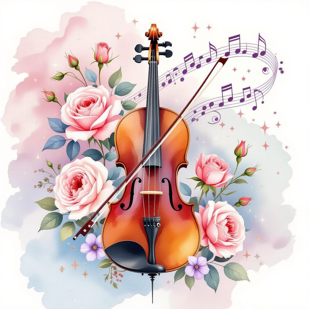 Violin and Roses: A Dreamy Watercolor Composition