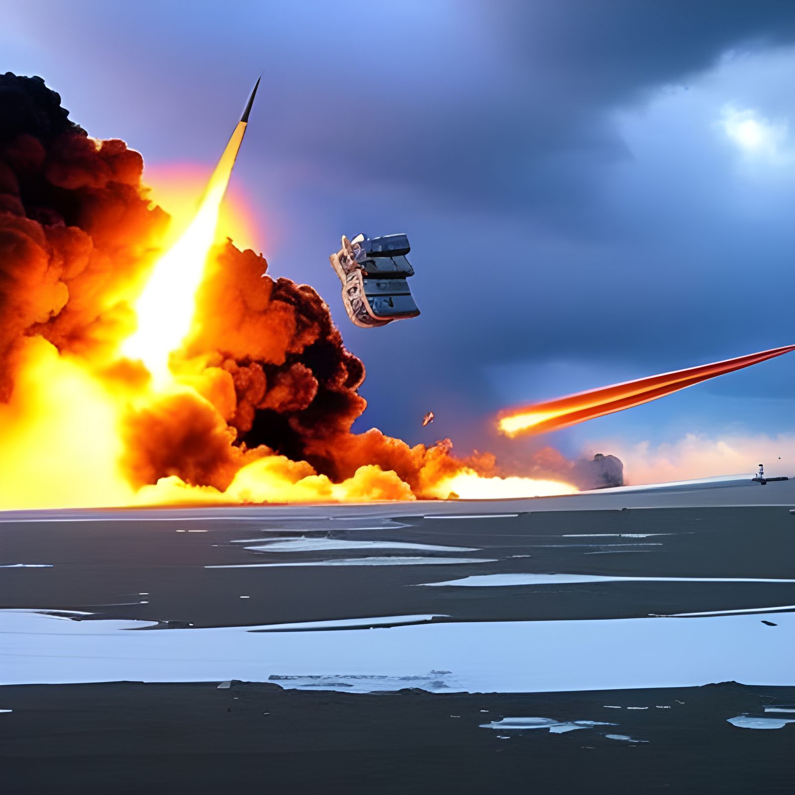 Spaceship Exploding in Stormy Blue Sky