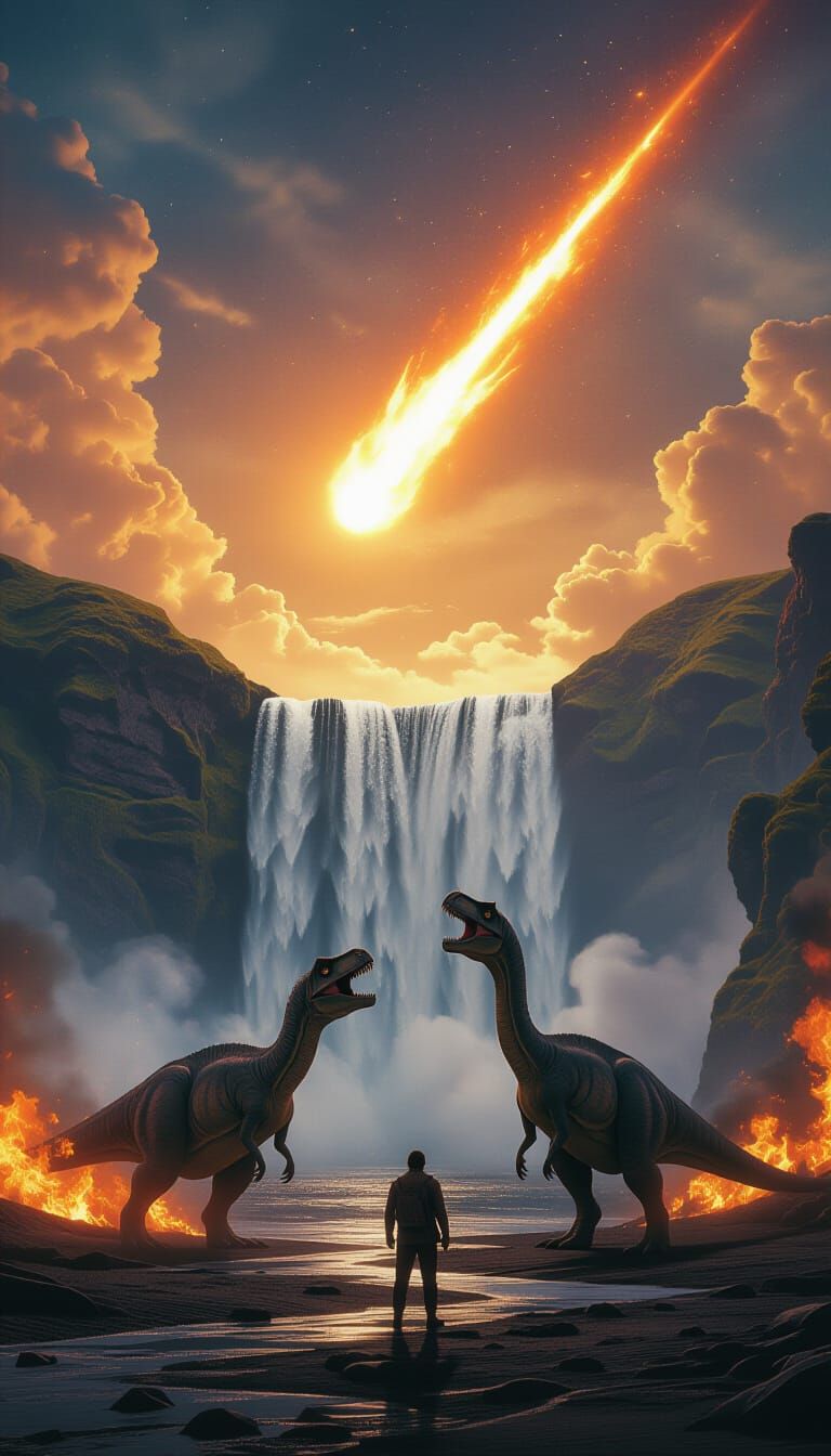 Dinosaurs Witness Comet in Burning Landscape