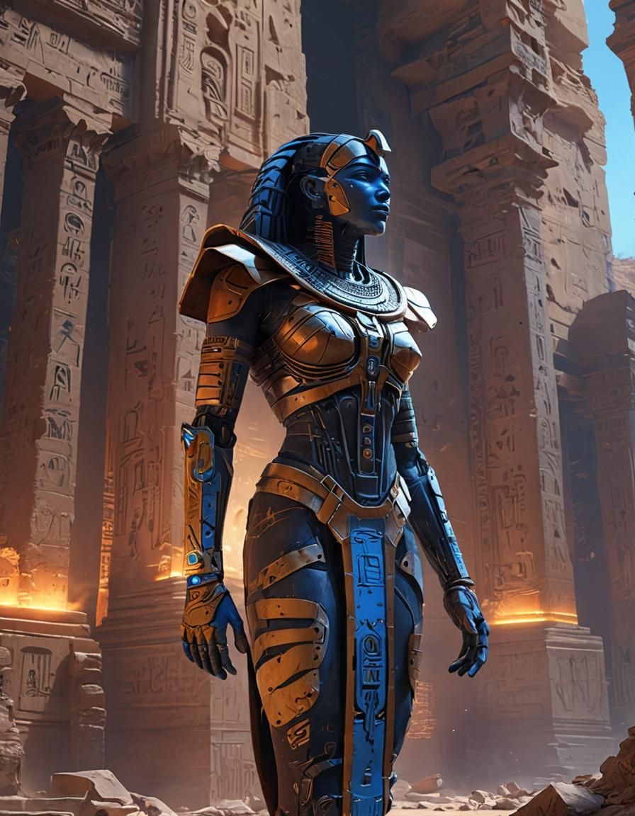 Cyberpunk God Rah in Ancient Ruins
