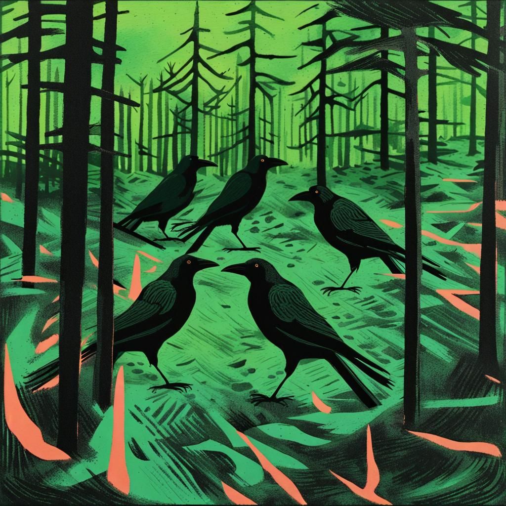 Risograph Print of Crows in Haunted Forest