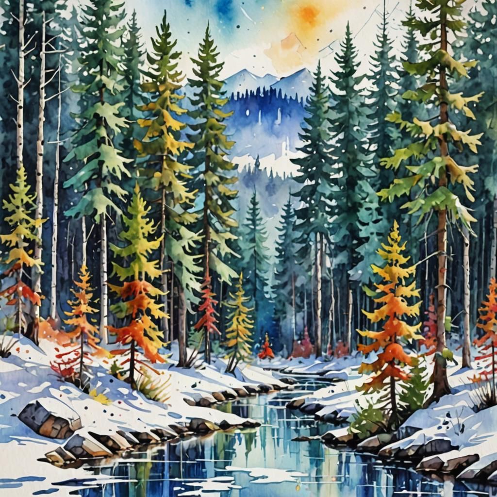 Watercolor  Landscape of  taiga in the winter