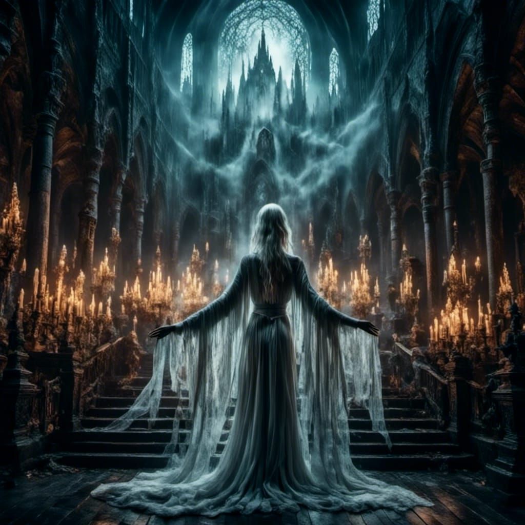 Priestess Performing Ritual in Dark Fantasy Cathedral