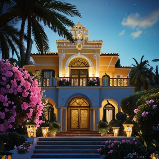 Luxurious Villa in Blooming Garden: Art Deco Digital Art