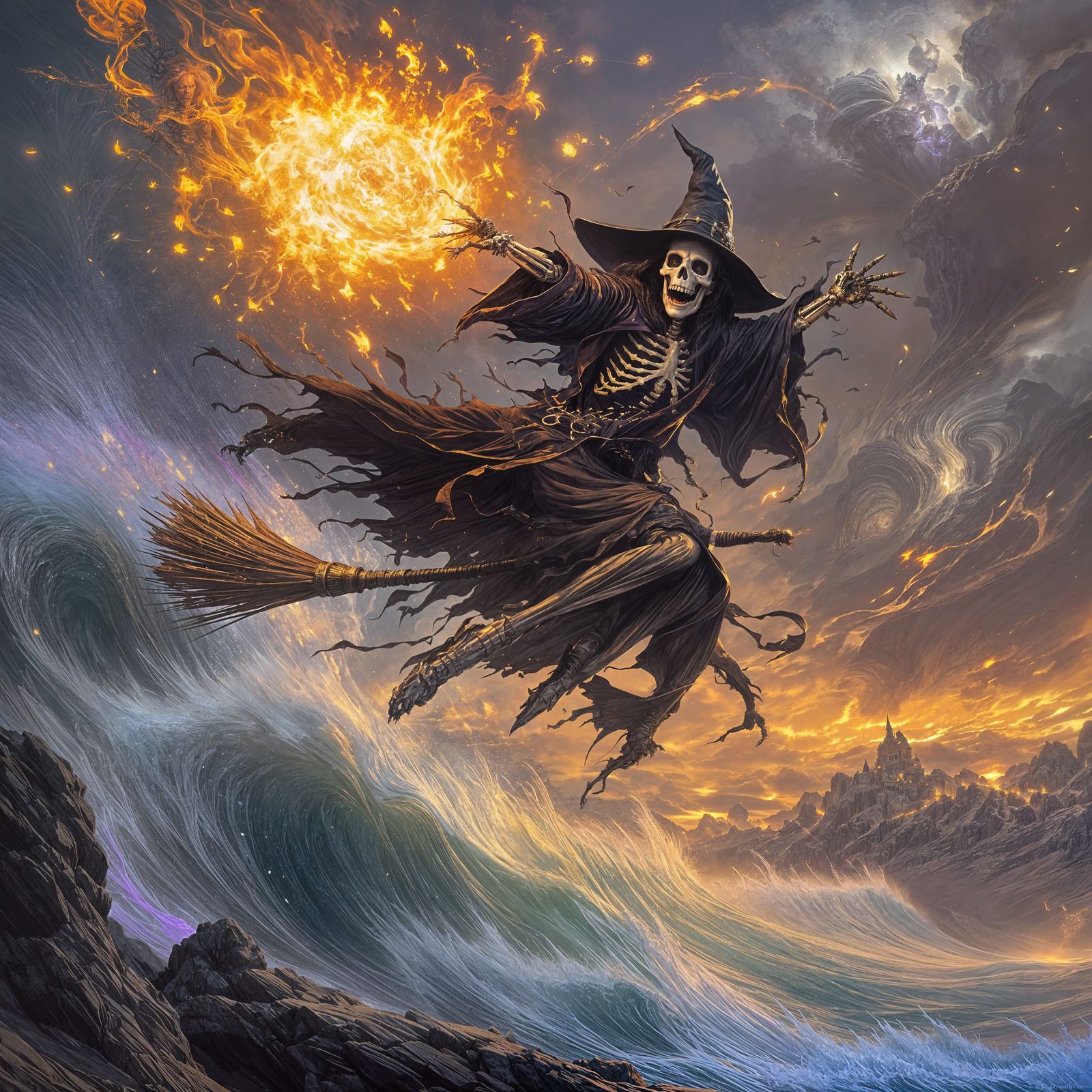 Skeleton Witch Casting Fireballs, Dark Fantasy Art