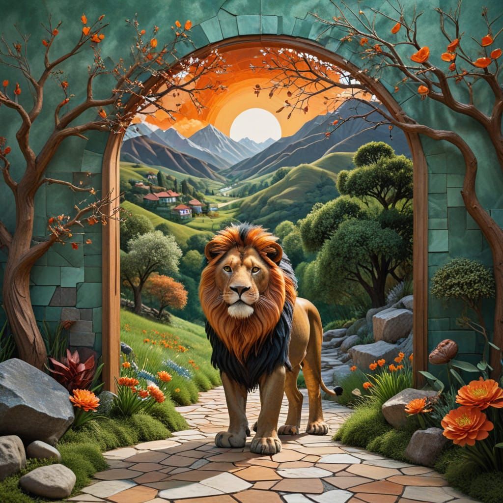 Majestic Lion Guards Village Entrance in Mixed-Media Masterp...