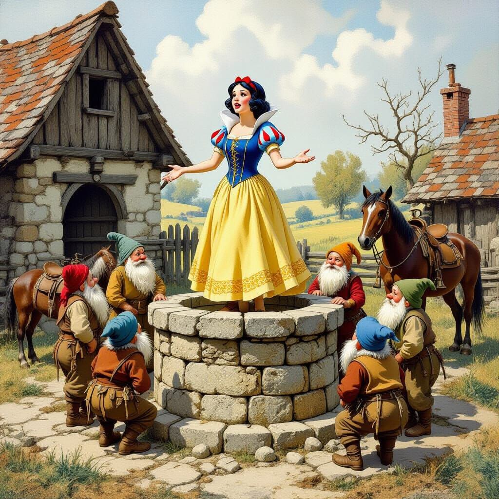 Snow White Scolds Dwarves: Rockwell-esque Farm Scene