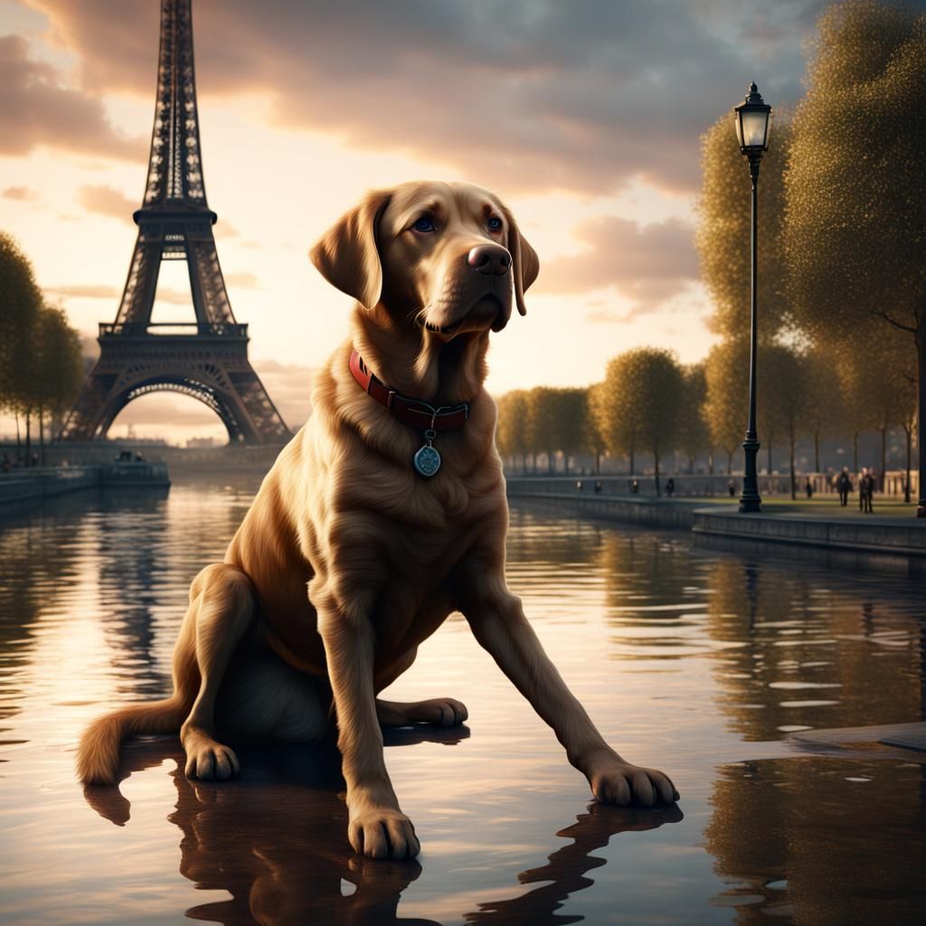 Labrador Retriever in Front of Eiffel Tower