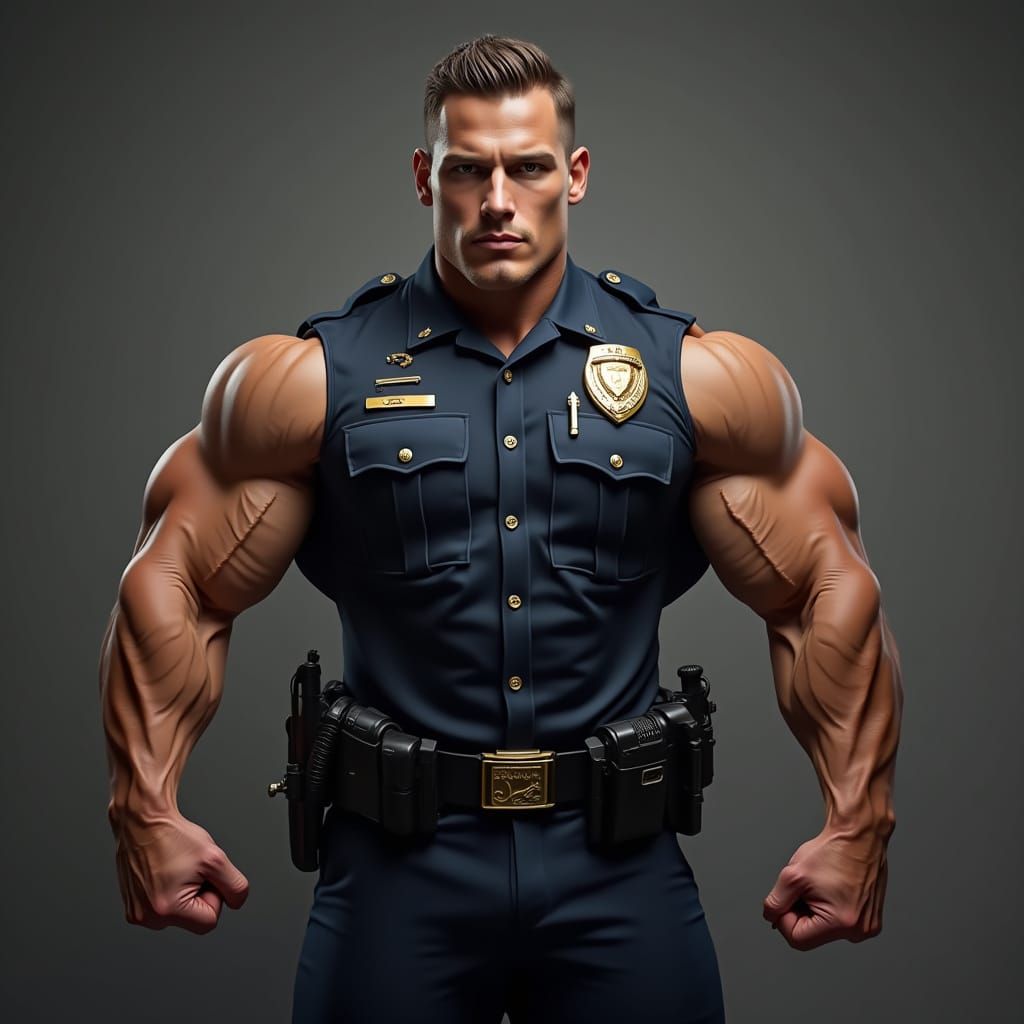 Bodybuilder in Police Uniform with Extreme Muscle