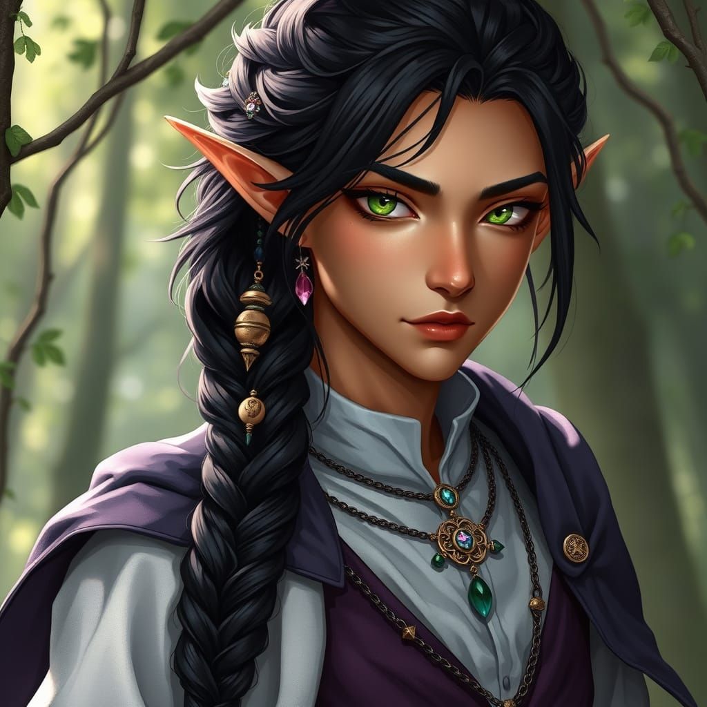 Elegant Male Elf Forest Witch in Dark Fantasy Style
