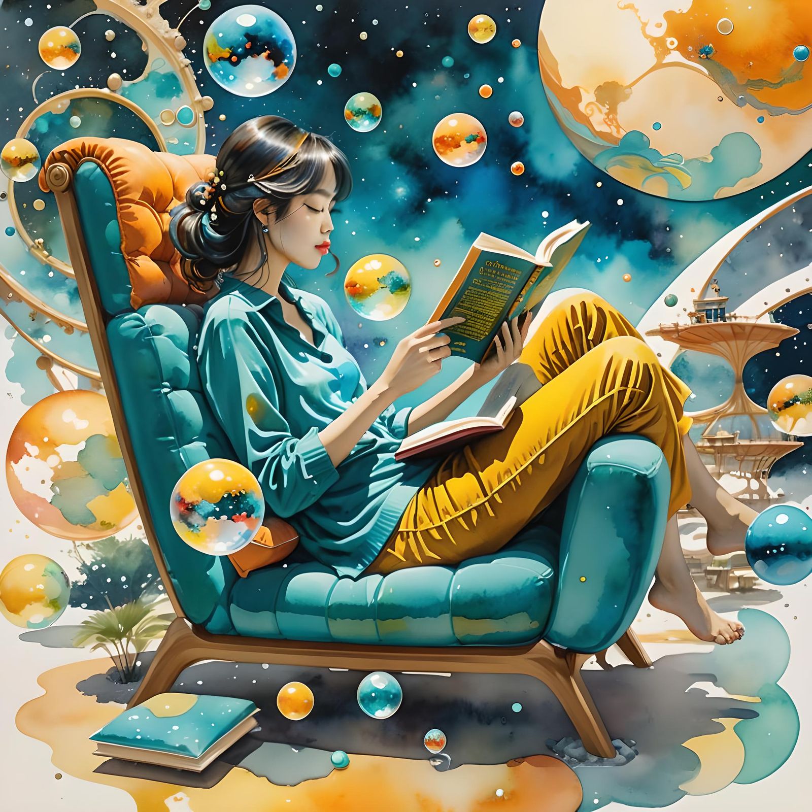 Person Reading Among Planets in Watercolor Style