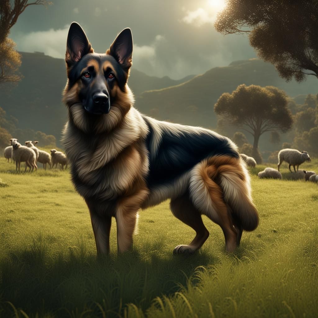 German Shepherd Watching Sheep in Australia