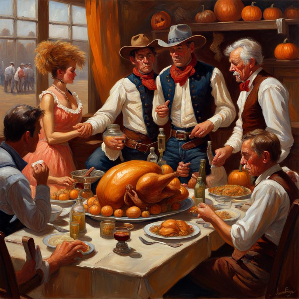 Cowboys and Dancers Celebrate Thanksgiving: Oil Painting