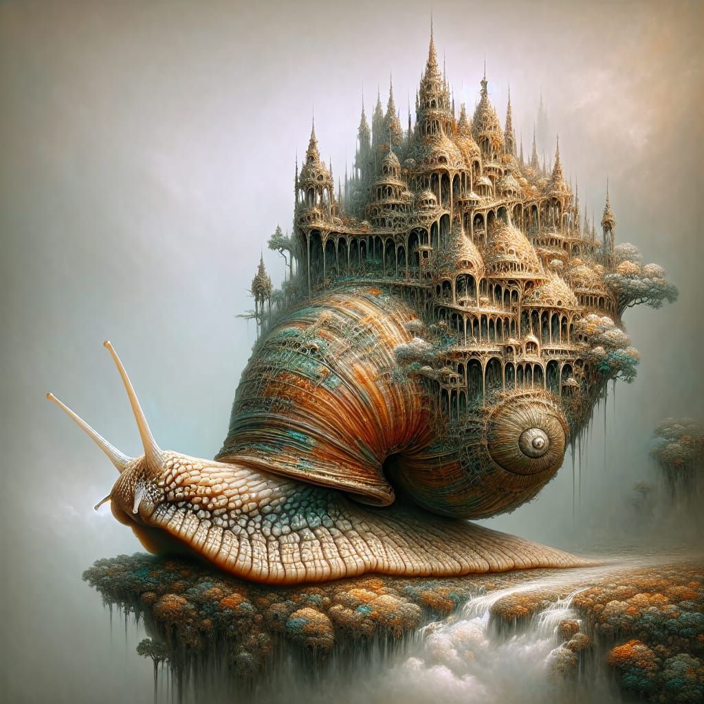 Snail Carries Ornate Fantasy Castle Shell