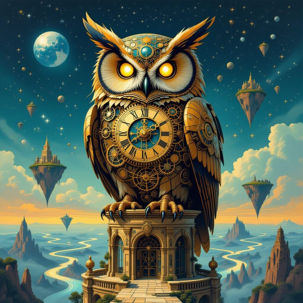 Clockwork Owl Observatory in Surreal Cosmic Landscape