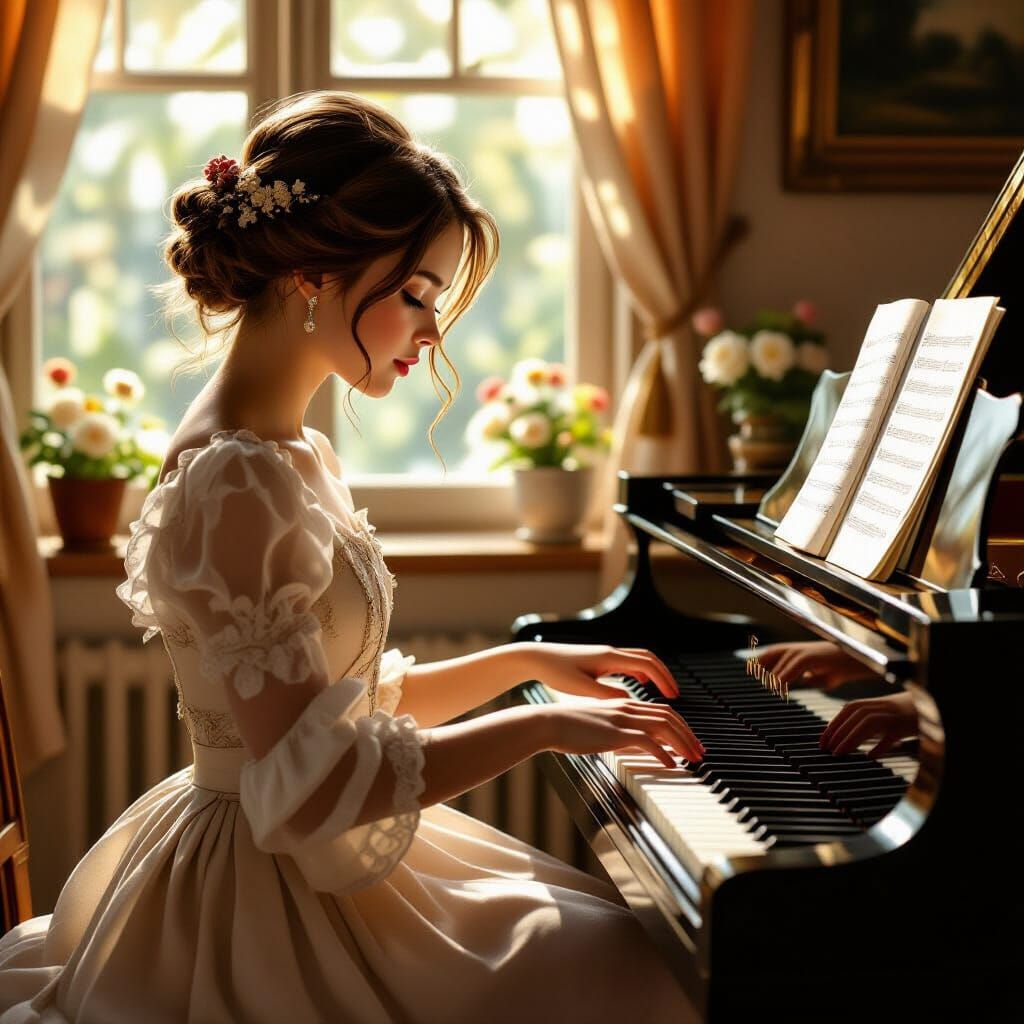 Girl at Piano in Sunlight, Digital Matte Painting