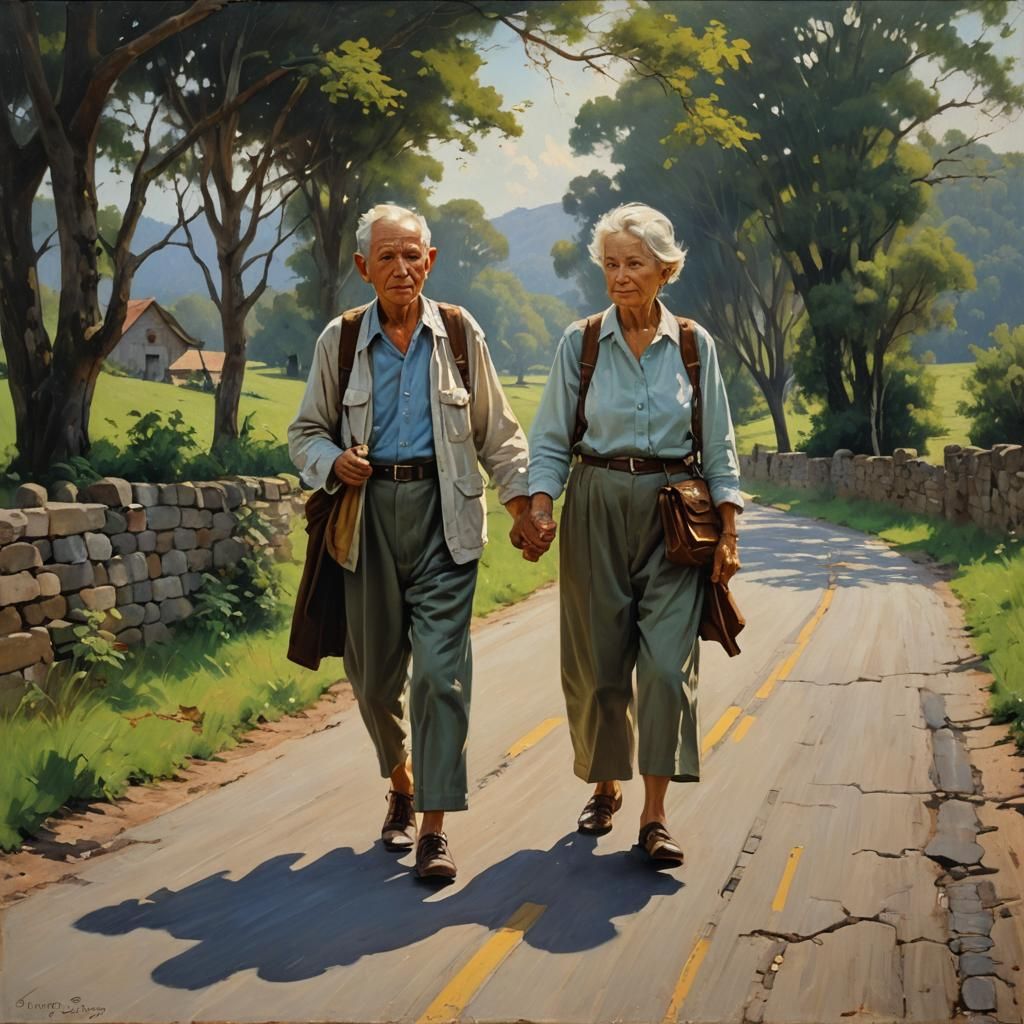 Elderly Couple Walking, Oil Painting