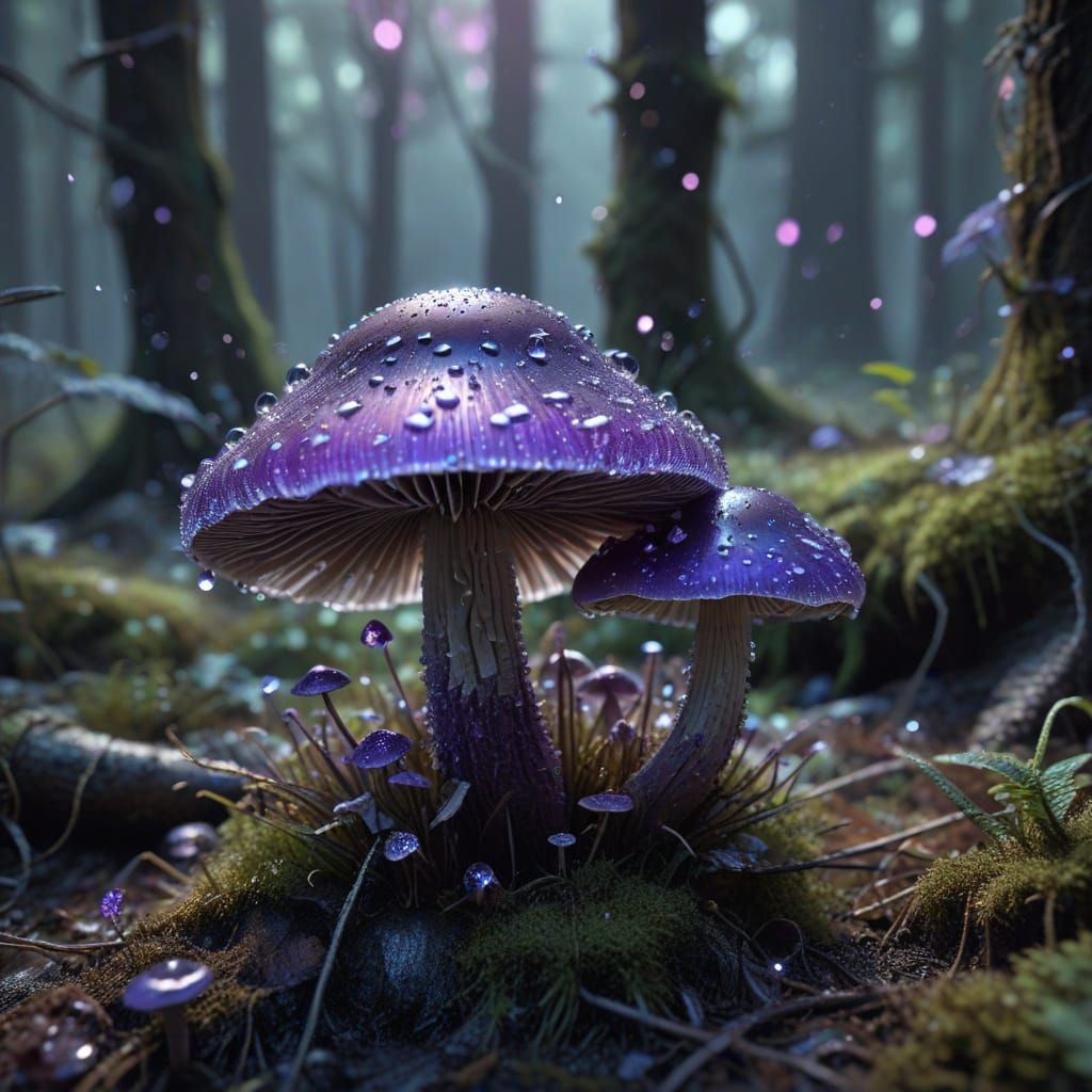 Bioluminescent Purple Mushroom in Ethereal Forest