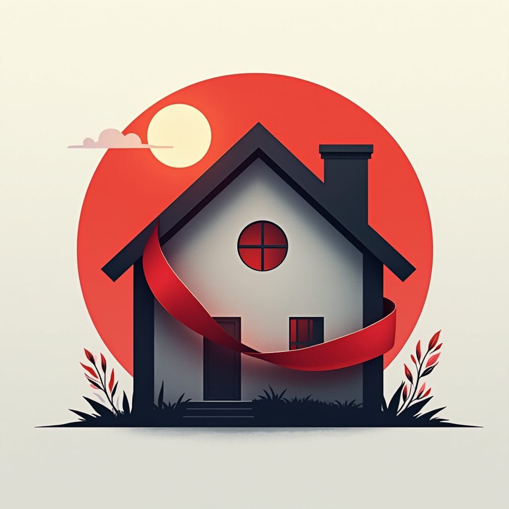 Modern House Logo with Red Ribbon and Gradient Background