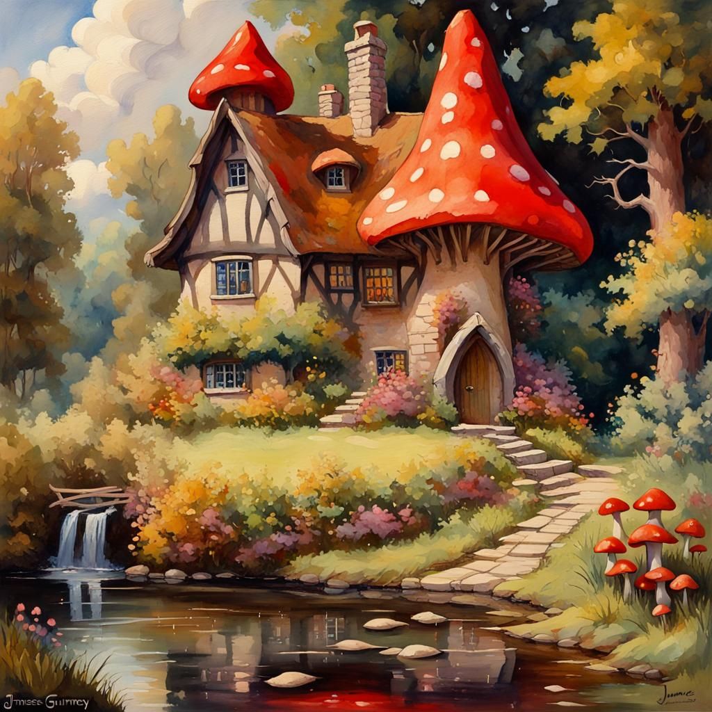 Fairytale Cottage and Dark Forest Watercolor