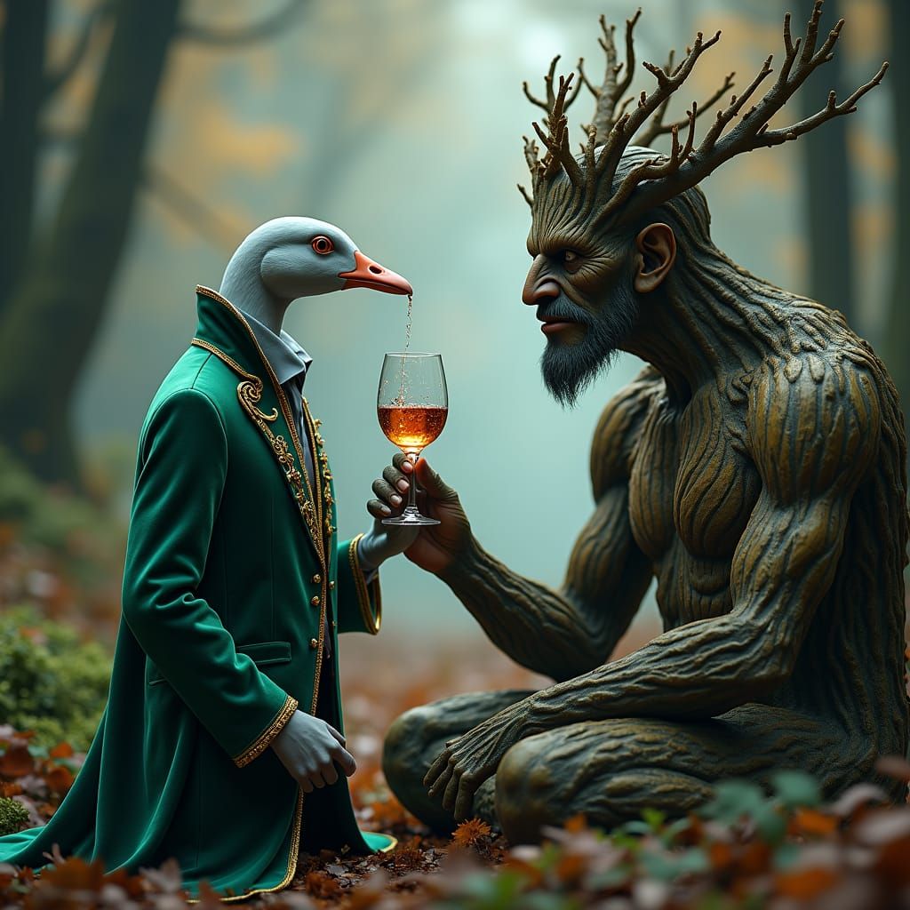Elegant Goose Conversing with Tree Man in Moonlit Glade