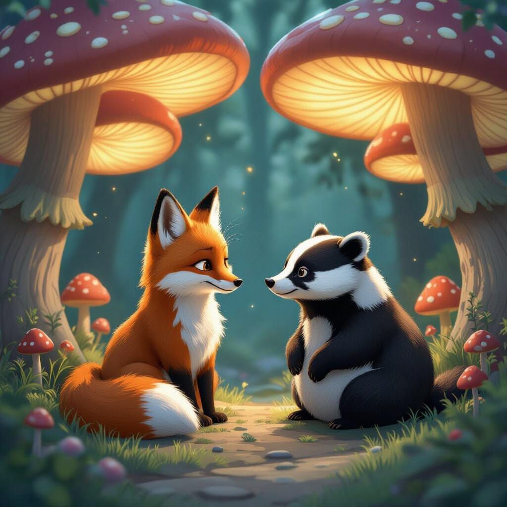 Fox and Badger Friends Share Moment Under Glowing Mushrooms