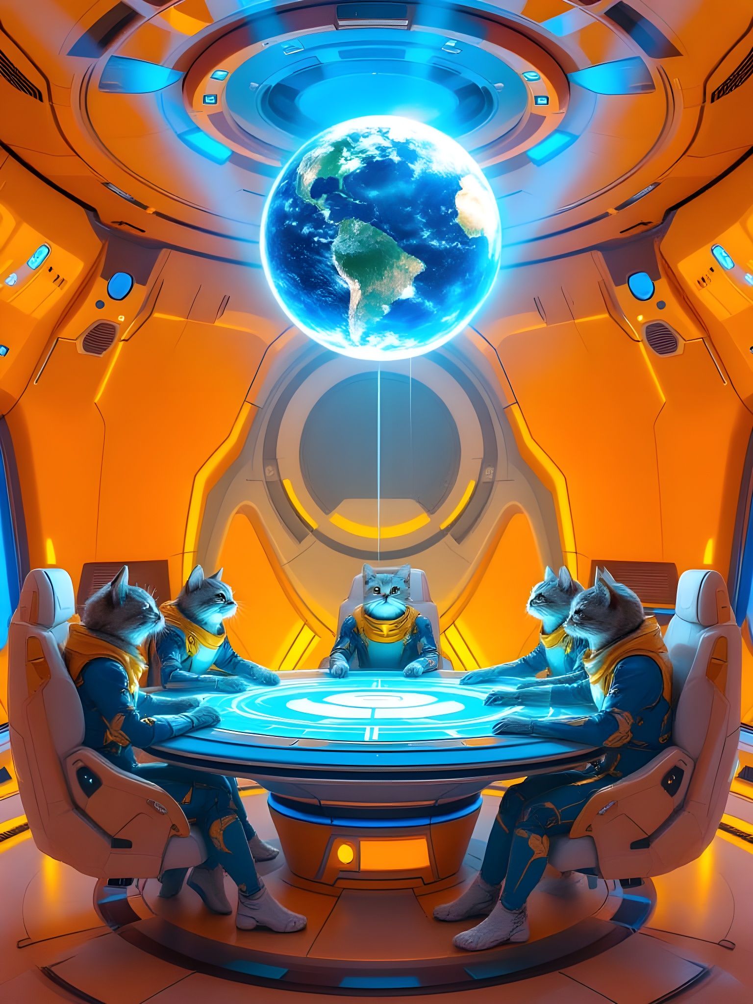 Cats in Cybernetic Suits View Earth Hologram