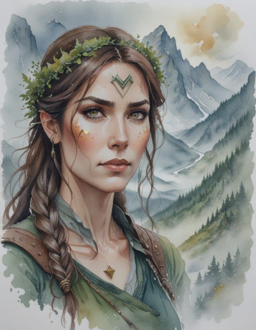 Elegant Half Elf Ranger amidst Misty Mountains