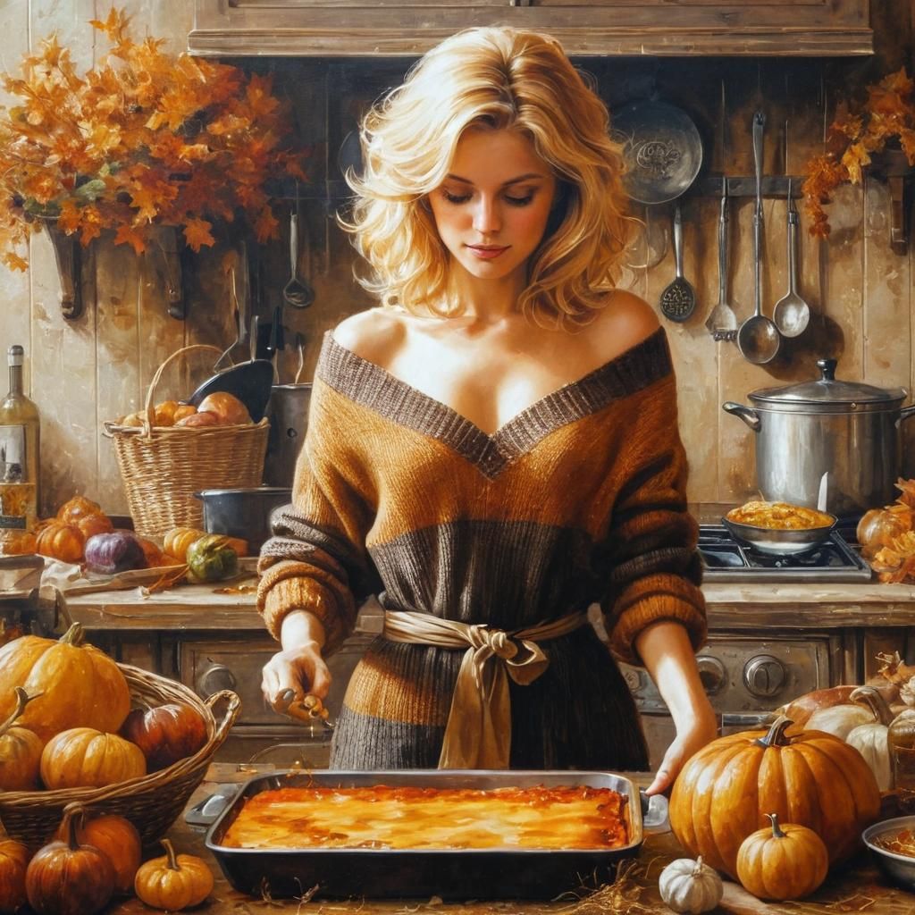 Woman Cooking Lasagna in Autumn Kitchen Painting