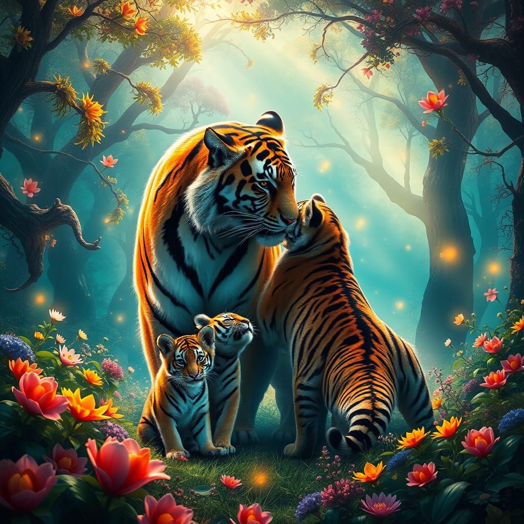 Tiger Family in Vibrant Mystical Forest Scene