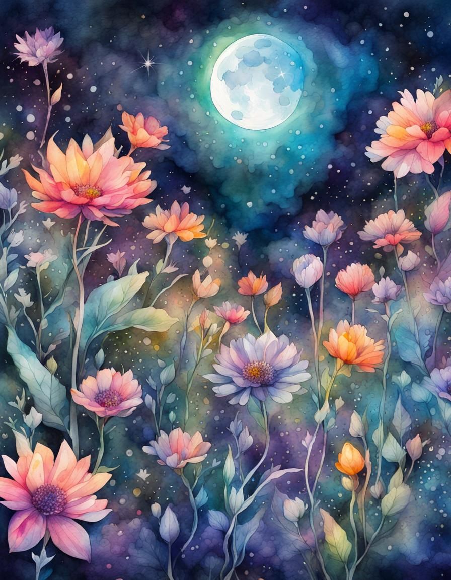 Ethereal Night Garden in Watercolor Style