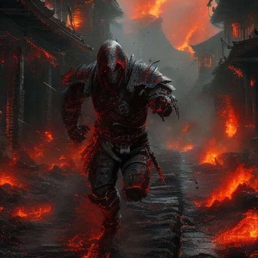 <lora:MJ6 Charred DS8:1.0> Cyperpunk Warforged Ninja assassin wearing black armor with red eyes running through a burned...