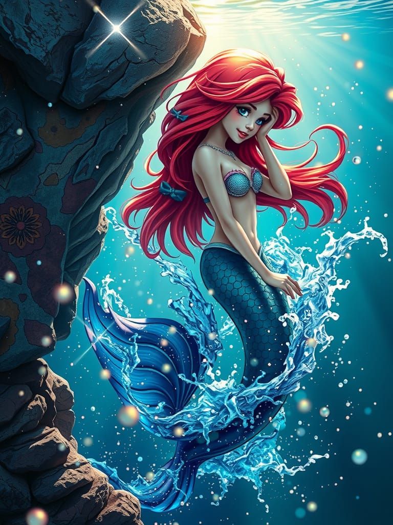 Hyperrealistic Little Mermaid on the Rocks: Splash Art