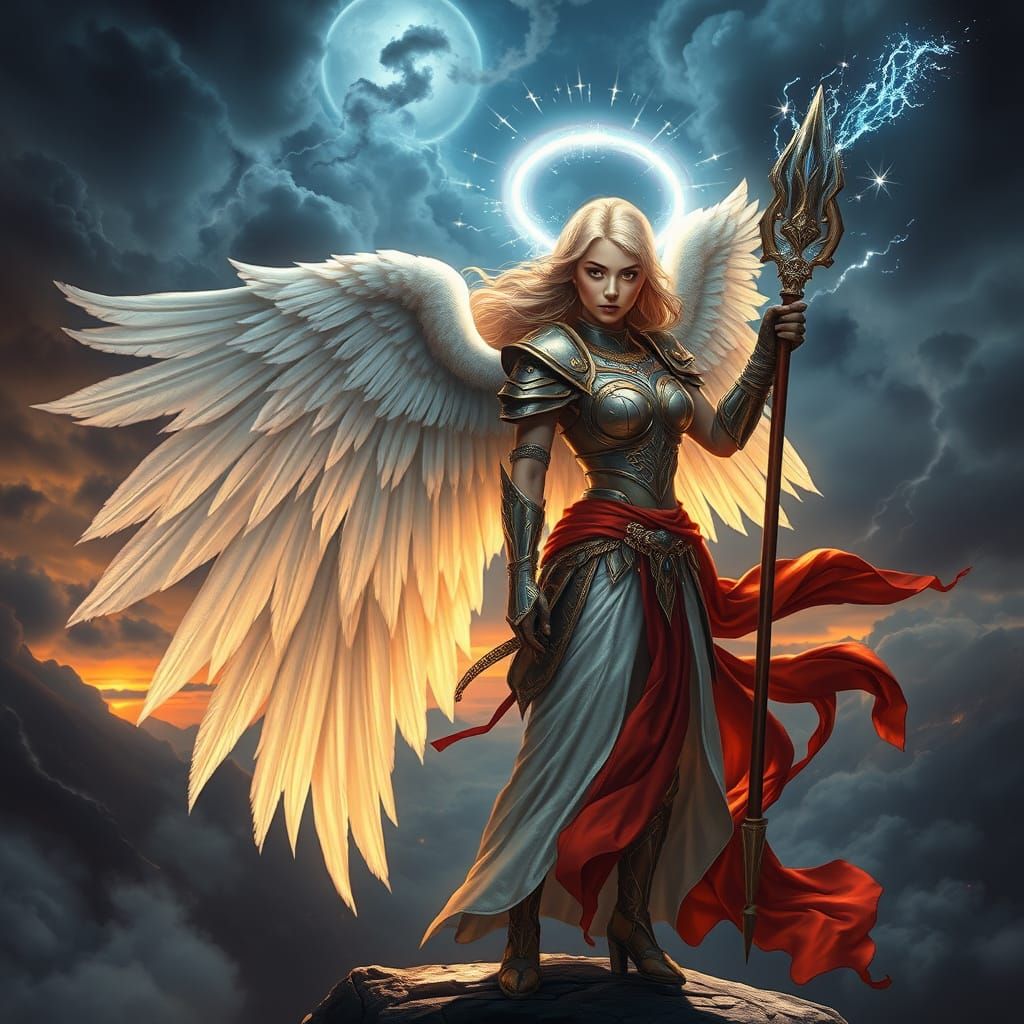 Serene Angel Warrior in Stormy Citadel Twilight