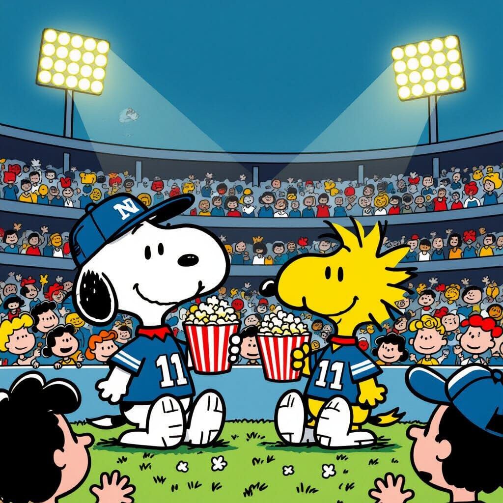 Snoopy and Woodstock at Football Game in Schulz Style