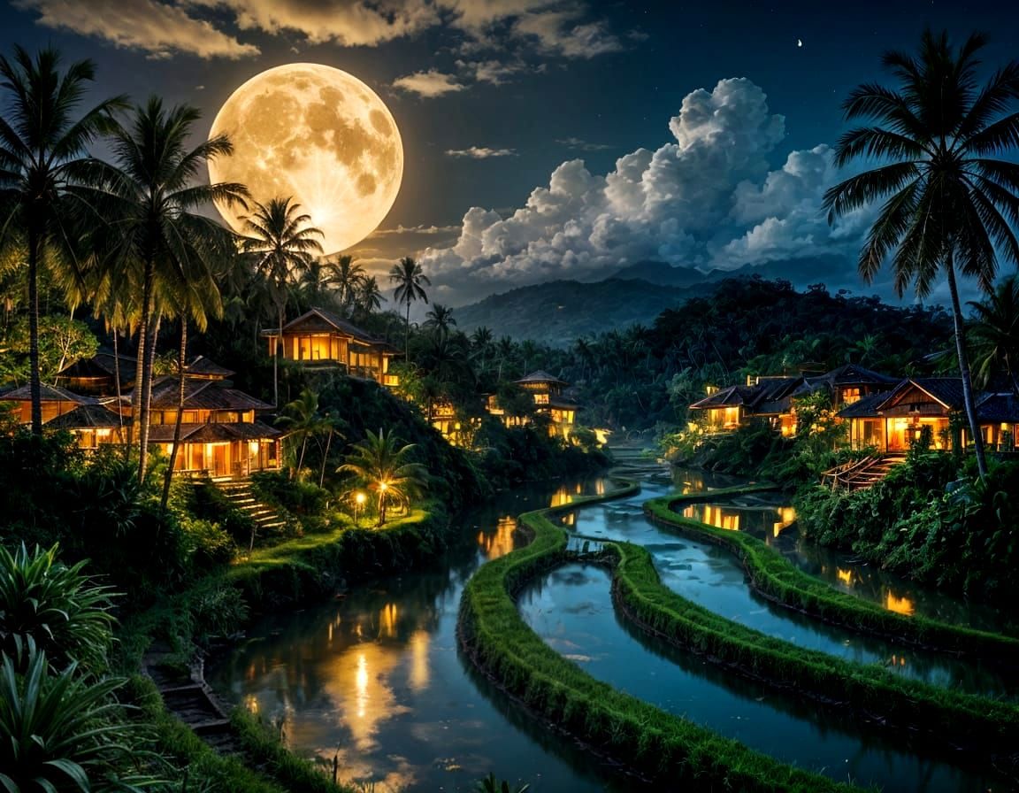 Golden Moon Over Balinese Rice Terraces