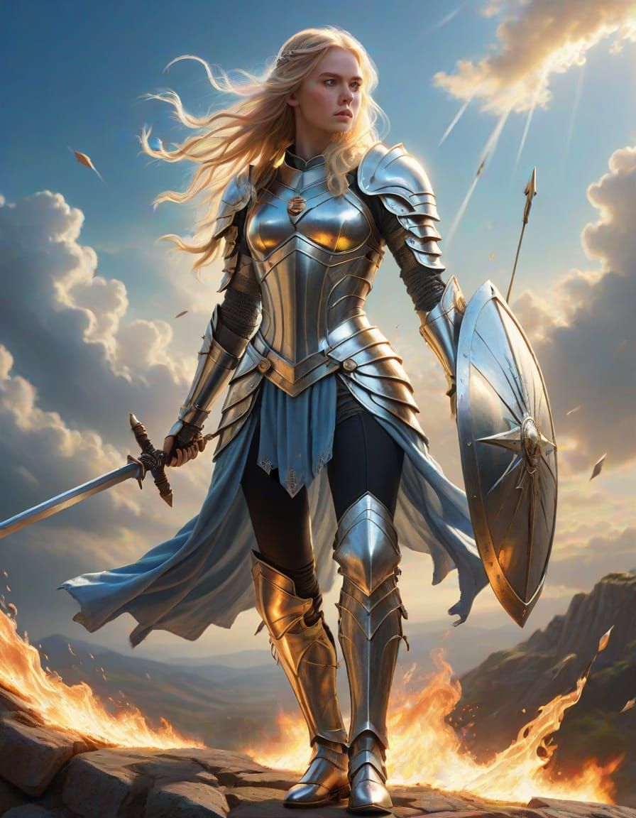 Ethereal Beauty in Armor Holding Sword and Shield