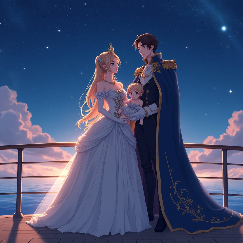 Royal Family on Boat Deck in Anime Style