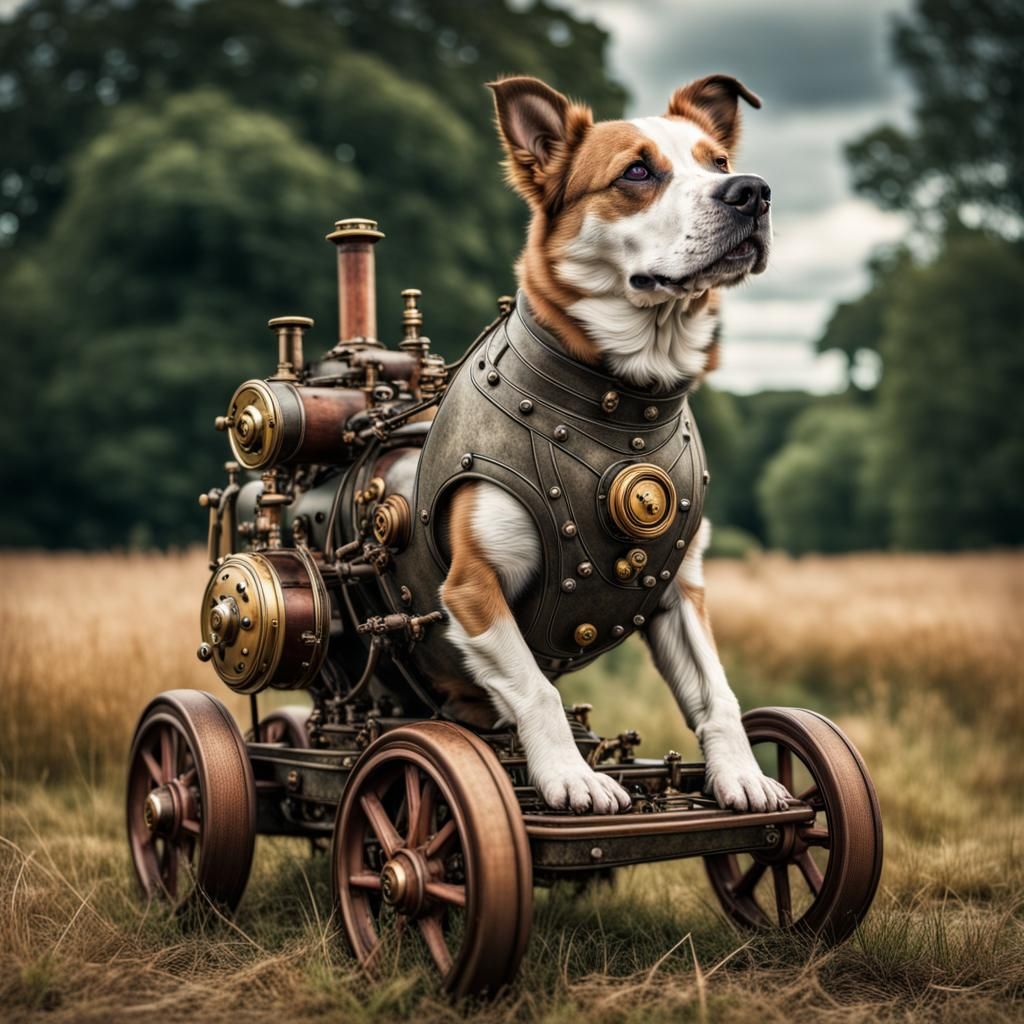 Dog on Wheels in Steampunk Style Field